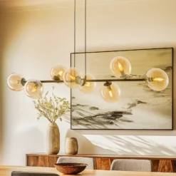 Lámpara colgante Glassy, 8 luces, negro, ámbar, cristal, E14