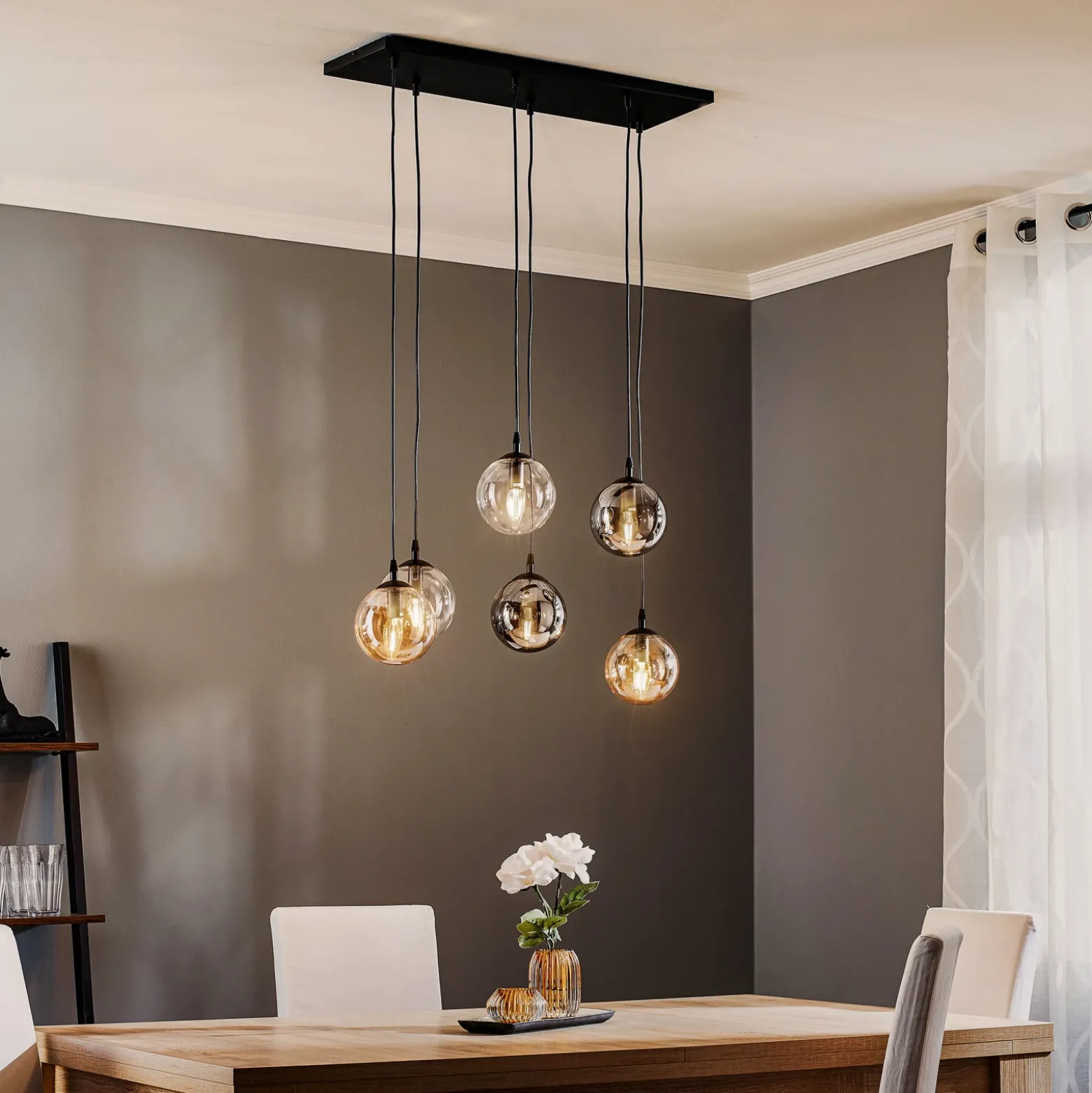 Lámpara colgante Glassy, 6 luces, grafito/ámbar/transparente, vidrio, 75 cm