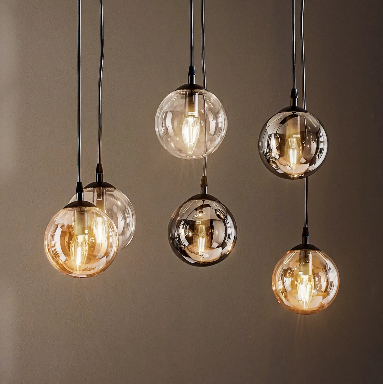 Lámpara colgante Glassy, 6 luces, grafito/ámbar/transparente, vidrio, 75 cm