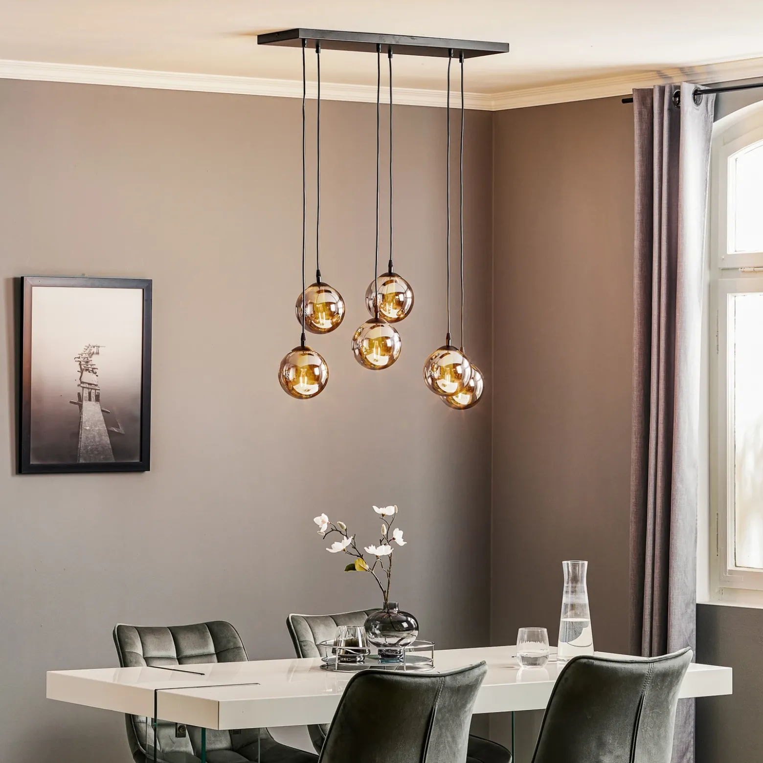 Lámpara colgante Glassy, 6 luces, negro, grafito, cristal, 75 cm