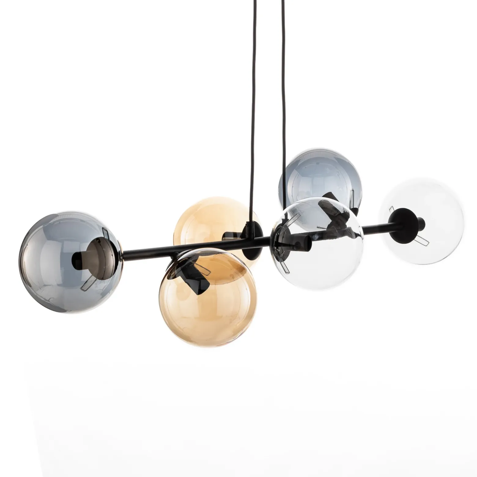 Lámpara colgante Glassy, 6 luces, grafito/ámbar/transparente, vidrio, 110 cm
