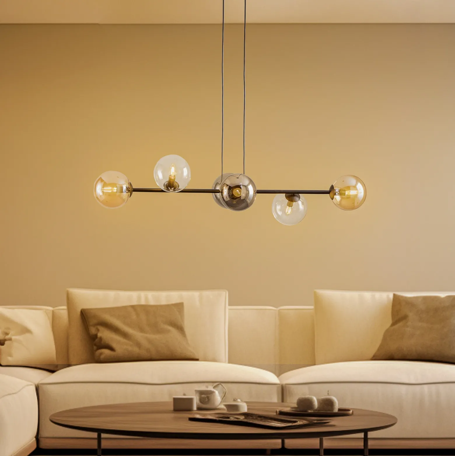 Lámpara colgante Glassy, 6 luces, grafito/ámbar/transparente, vidrio, 110 cm