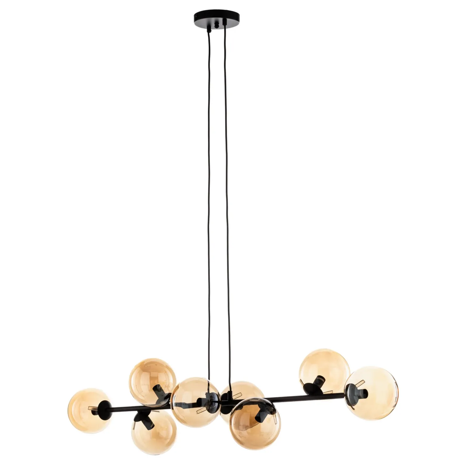 Lámpara colgante Glassy, 8 luces, negro, ámbar, cristal, E14