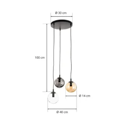 Lámpara colgante Glassy, 3 luces, redonda, grafito/ámbar/transparente, vidrio