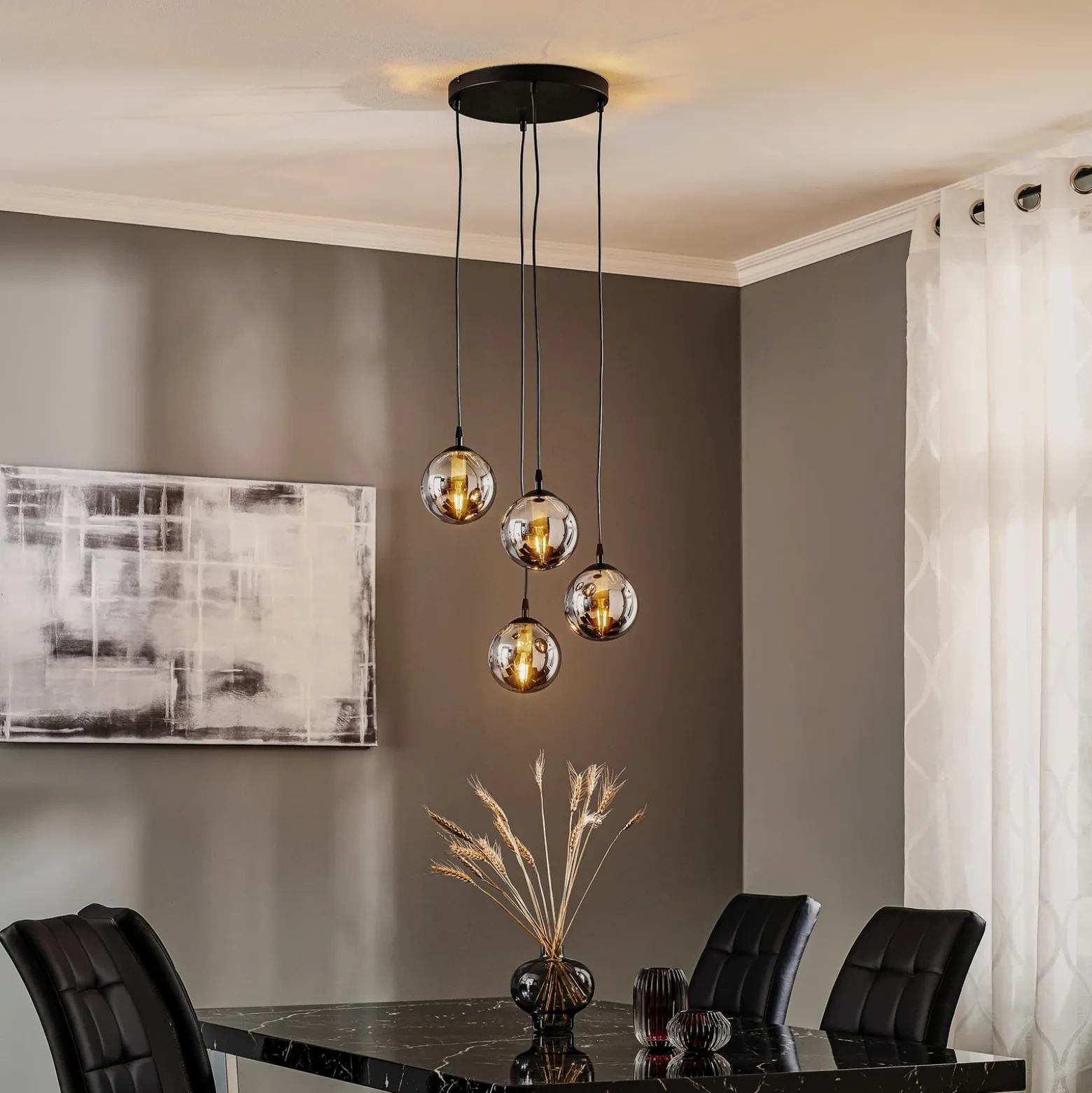 Lámpara colgante Glassy, 4 luces, negro, grafito, cristal, E14