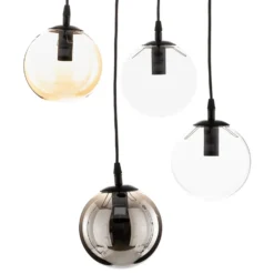 Lámpara colgante Glassy, 4 luces, negro, grafito/ámbar/transparente, E14