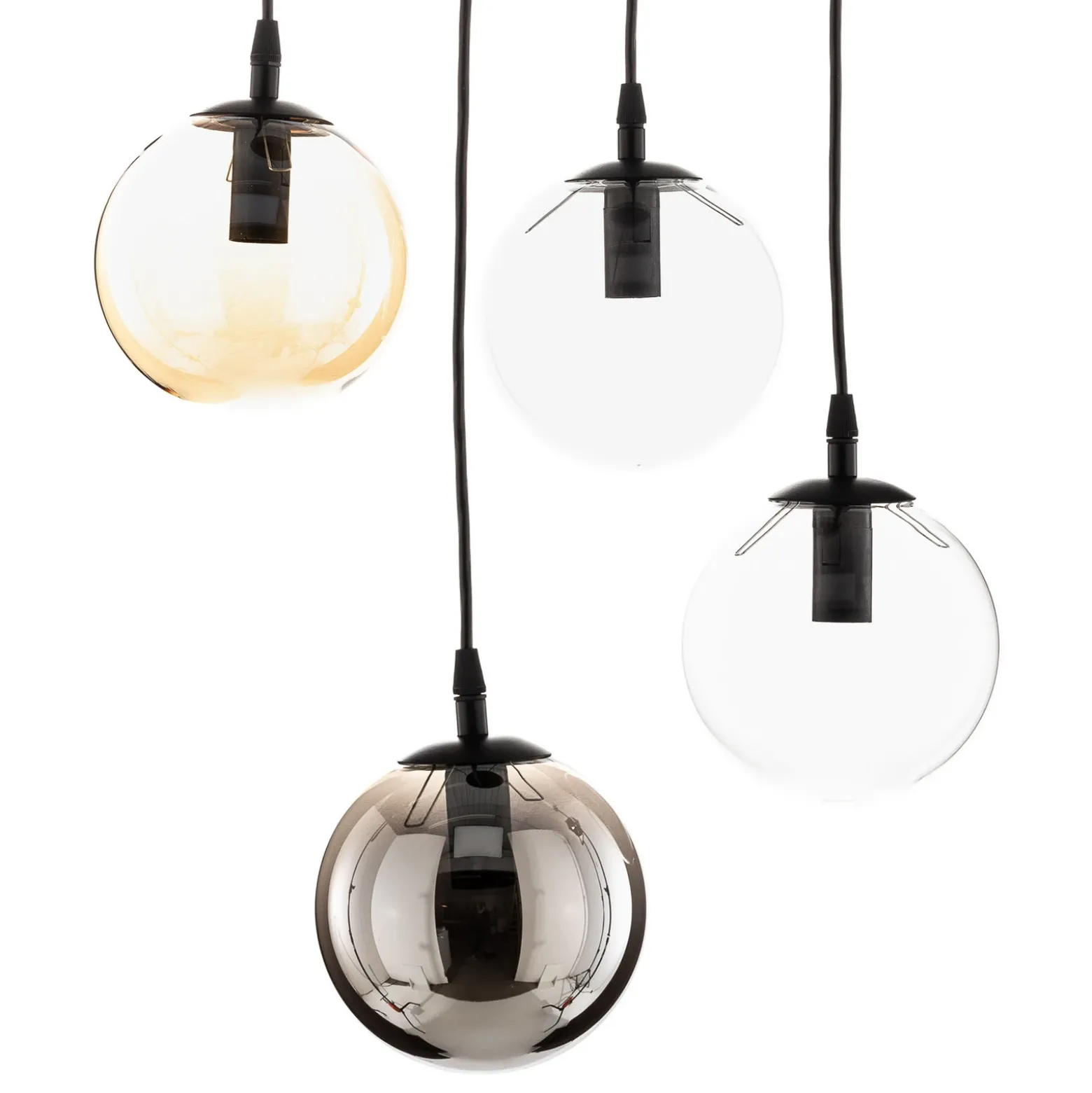 Lámpara colgante Glassy, 4 luces, negro, grafito/ámbar/transparente, E14