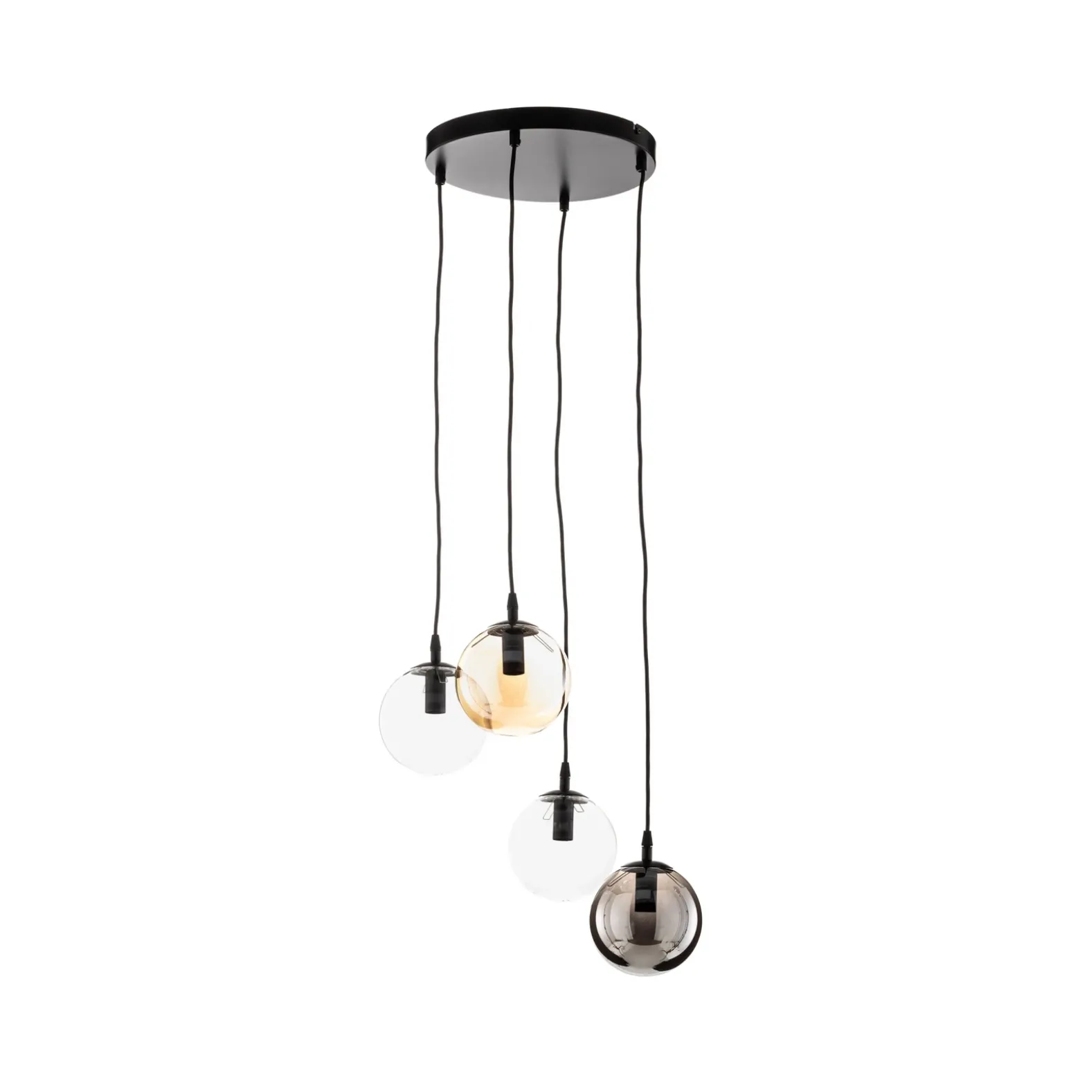 Lámpara colgante Glassy, 4 luces, negro, grafito/ámbar/transparente, E14