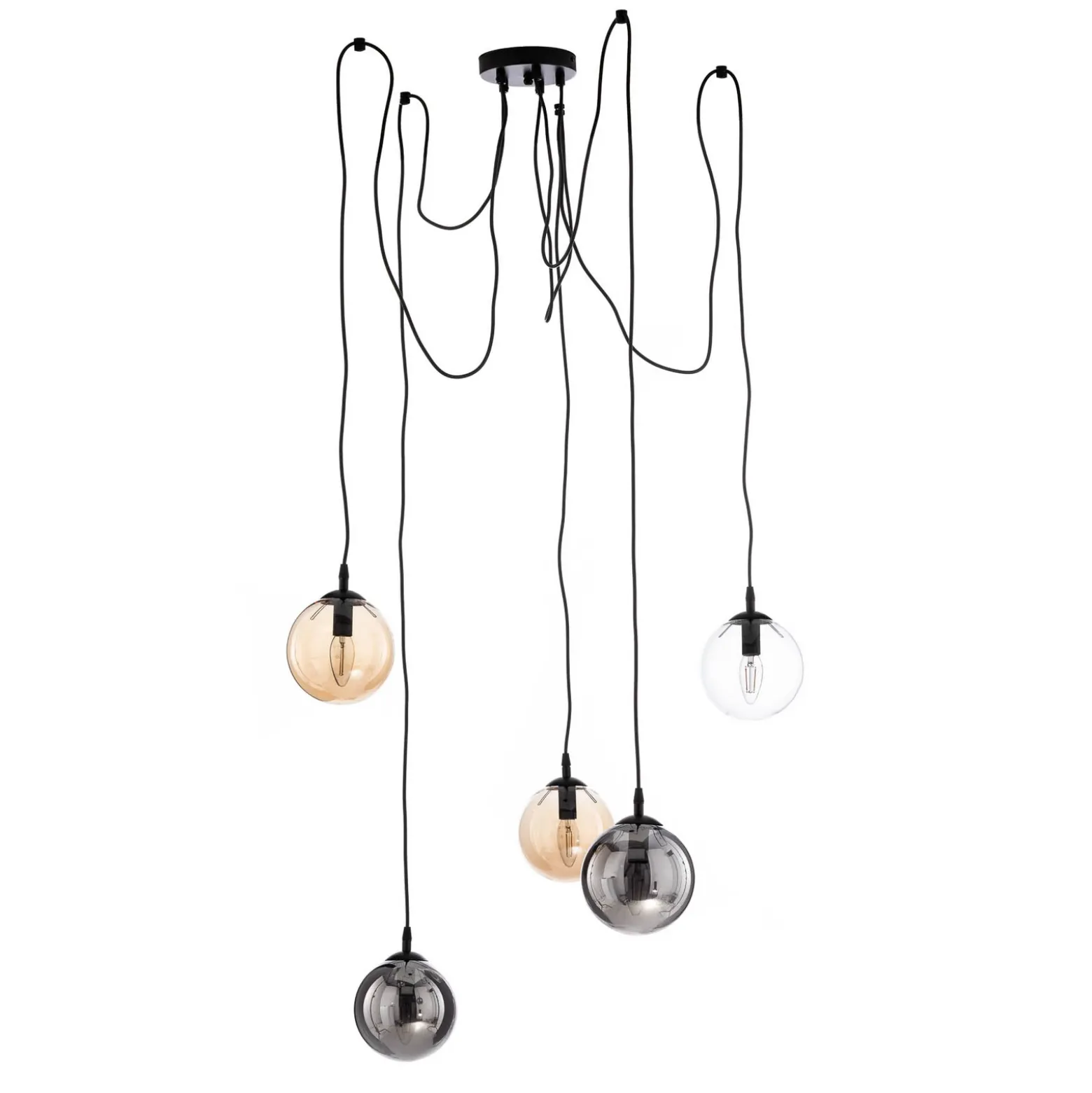 Lámpara colgante Glassy, 5 luces, negro, grafito/ámbar/transparente, E14