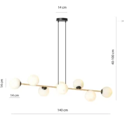 Lámpara colgante Glassy, negro/dorado/ópalino, 140 cm, 8 luces