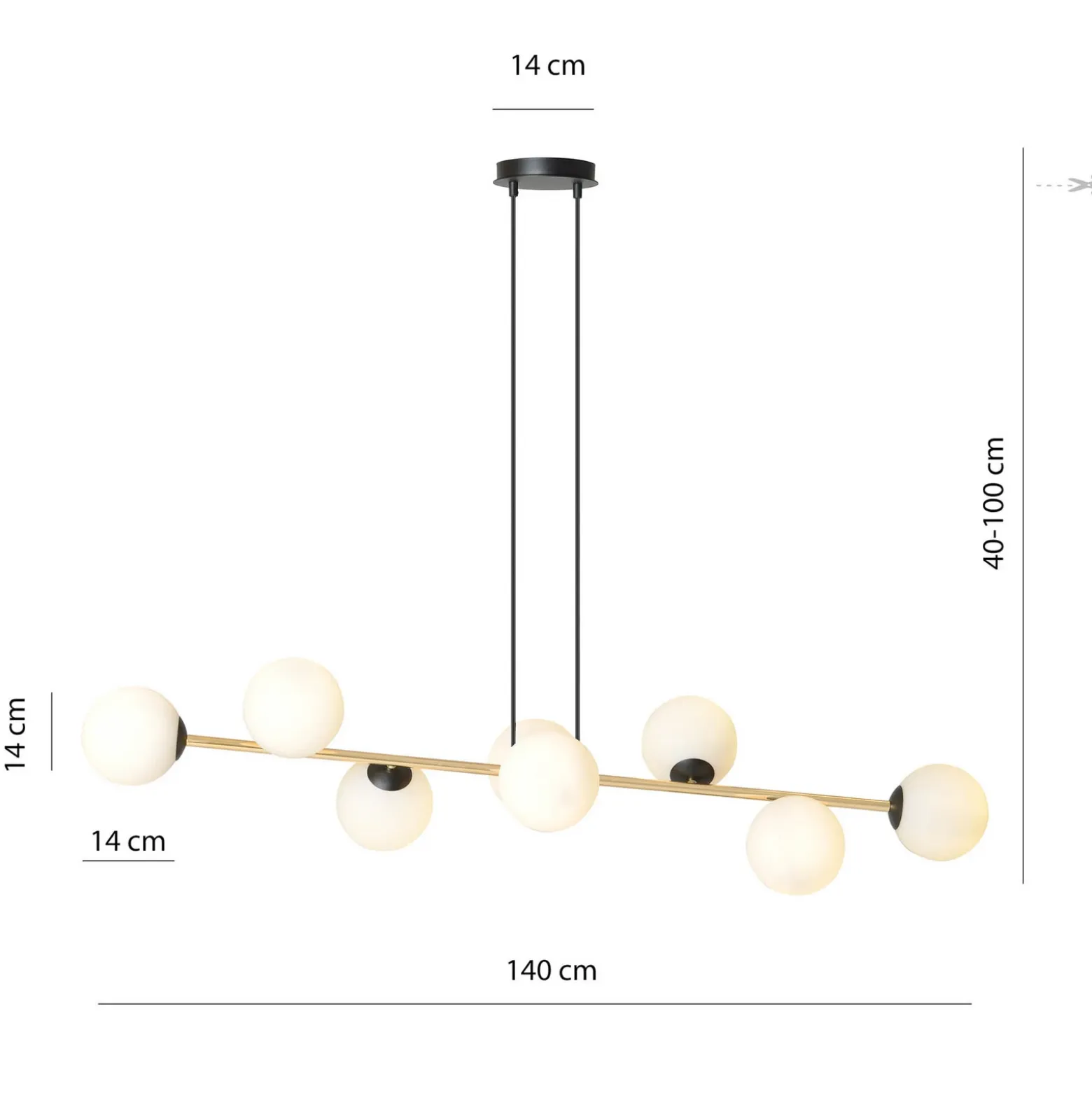 Lámpara colgante Glassy, negro/dorado/ópalino, 140 cm, 8 luces