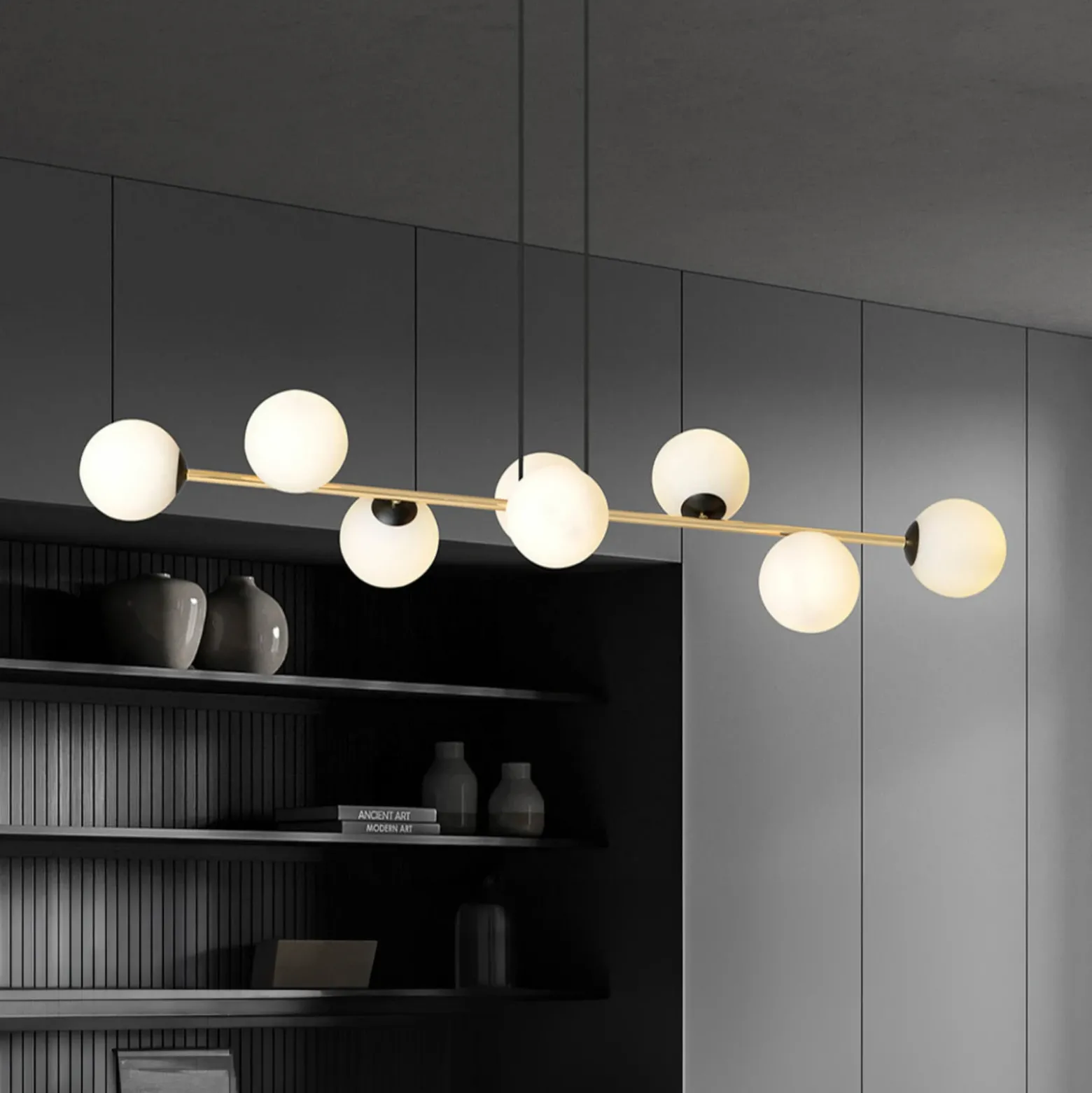 Lámpara colgante Glassy, negro/dorado/ópalino, 140 cm, 8 luces
