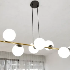 Lámpara colgante Glassy, negro/dorado/ópalino, 140 cm, 8 luces