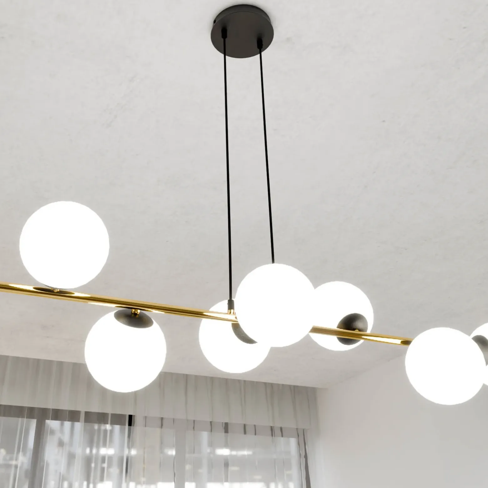 Lámpara colgante Glassy, negro/dorado/ópalino, 140 cm, 8 luces