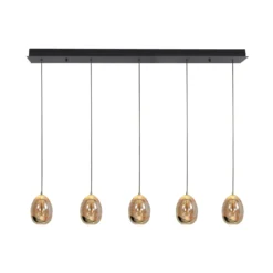 Lámpara colgante Golden Egg, ámbar/oro, longitud 107 cm, cristal 5 luces