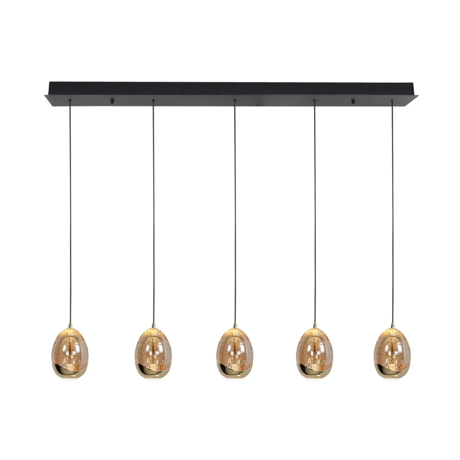 Lámpara colgante Golden Egg, ámbar/oro, longitud 107 cm, cristal 5 luces