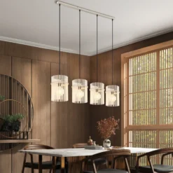 Lámpara colgante Gorley, blanco/arena, 4 luces, 110 cm, cristal, E27