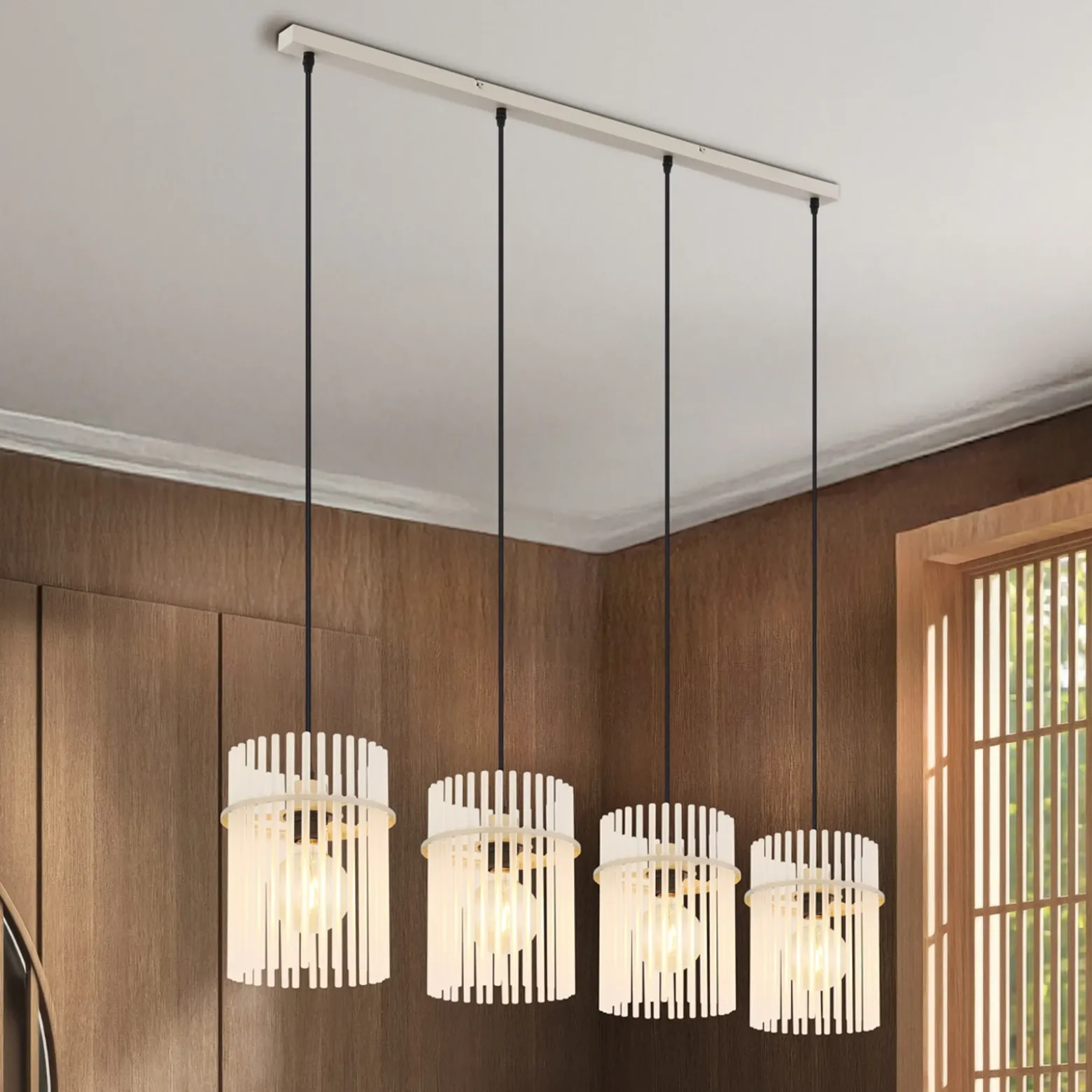 Lámpara colgante Gorley, blanco/arena, 4 luces, 110 cm, cristal, E27