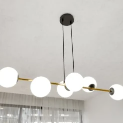 Lámpara colgante Gravity, blanco opalino/dorado/negro, cristal, E14