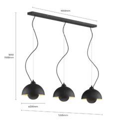 Lámpara colgante Gretja, tres luces, negro-oro