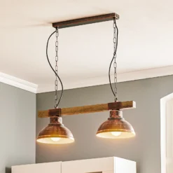 Lámpara colgante Hakon de 2 luces marrón óxido/madera natural
