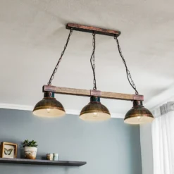 Lámpara colgante Hakon 3 luces marrón óxido/madera natural