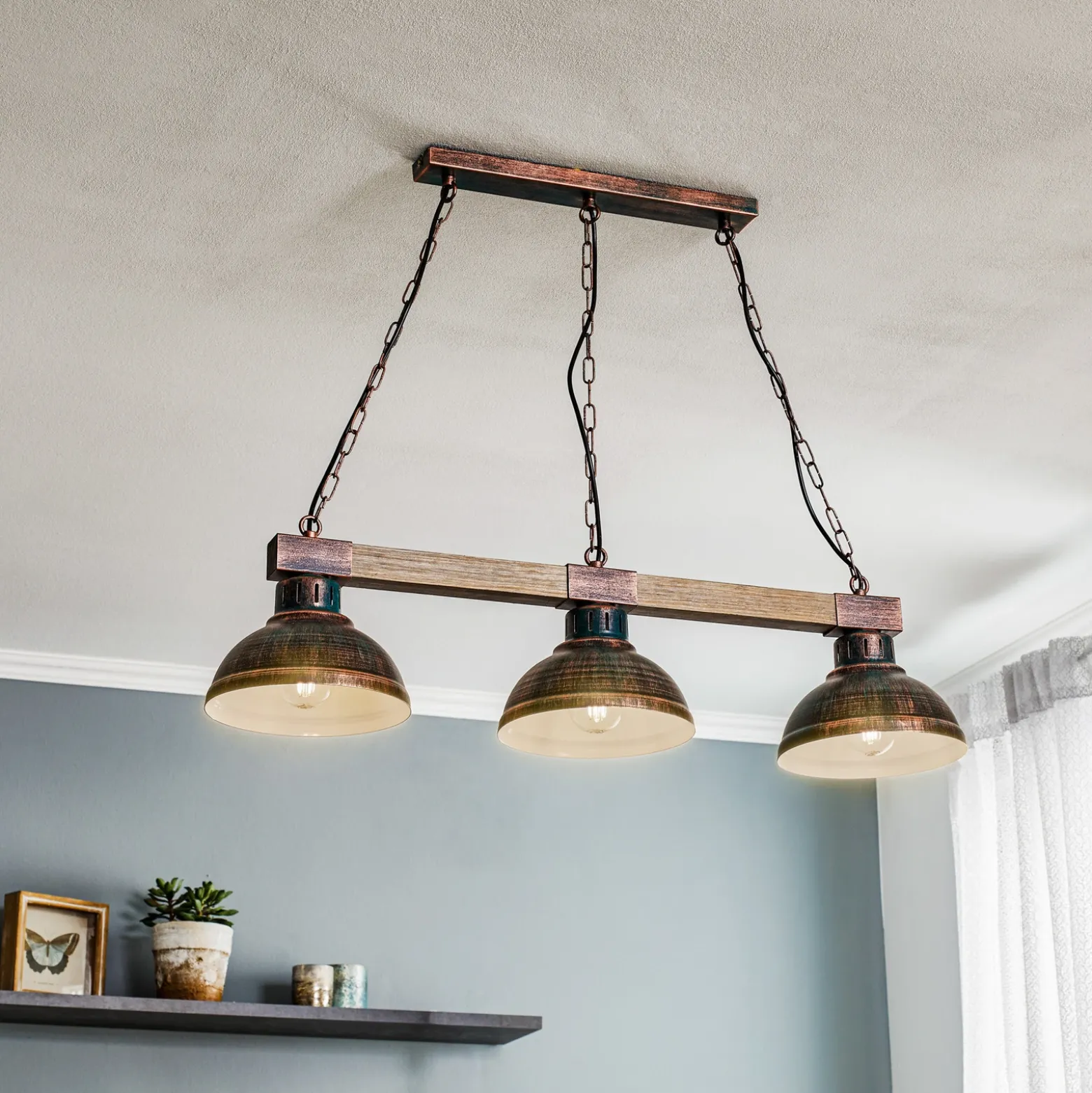Lámpara colgante Hakon 3 luces marrón óxido/madera natural