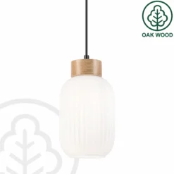 Lámpara colgante Harmony, Ø 14 cm, blanco/roble, cristal/madera