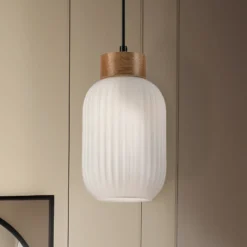 Lámpara colgante Harmony, Ø 14 cm, blanco/roble, cristal/madera