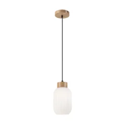Lámpara colgante Harmony, Ø 14 cm, blanco/roble, cristal/madera
