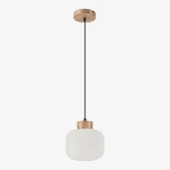 Lámpara colgante Harmony, Ø 20 cm, vidrio opalino, madera de roble, E27