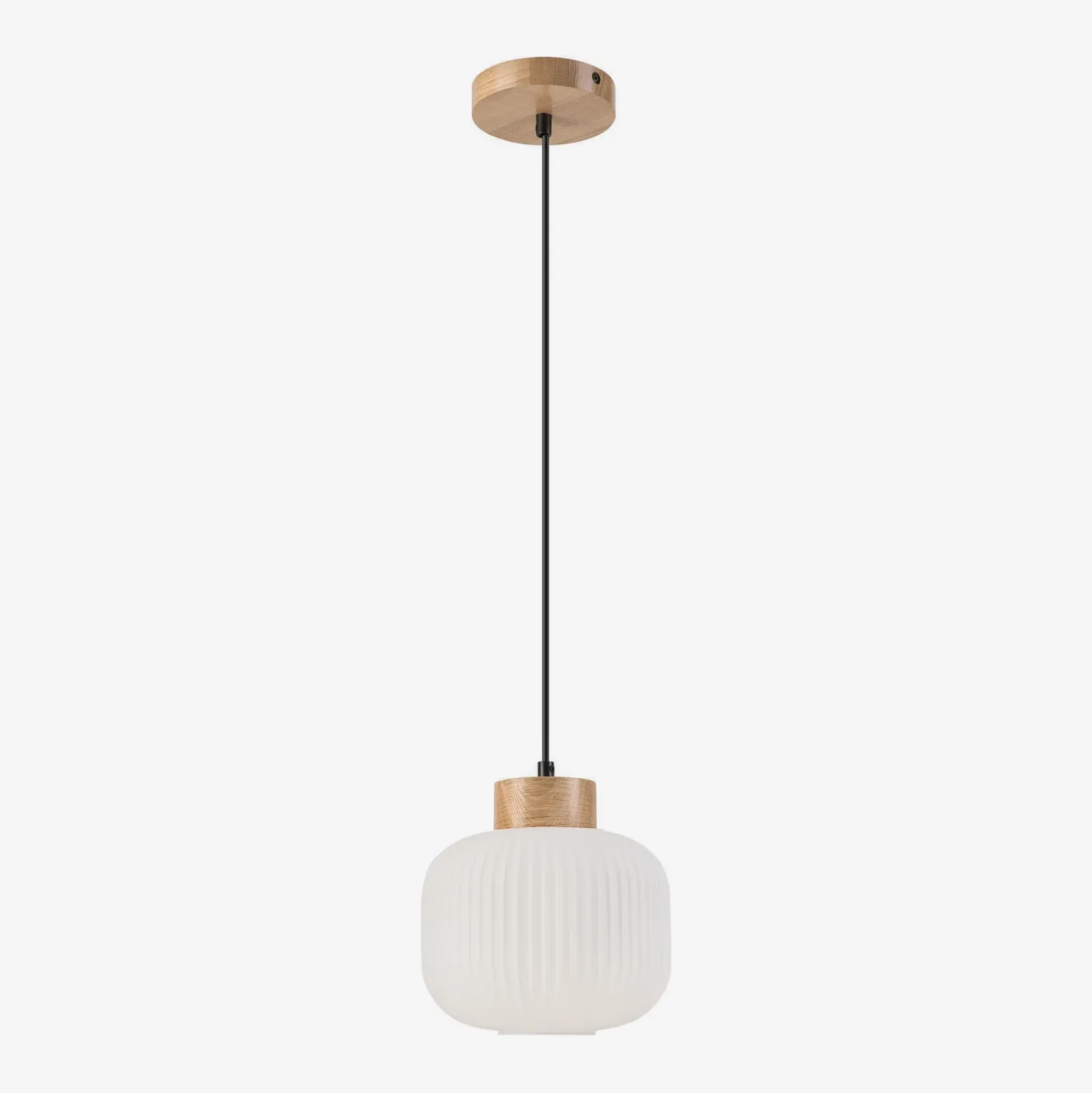 Lámpara colgante Harmony, Ø 20 cm, vidrio opalino, madera de roble, E27