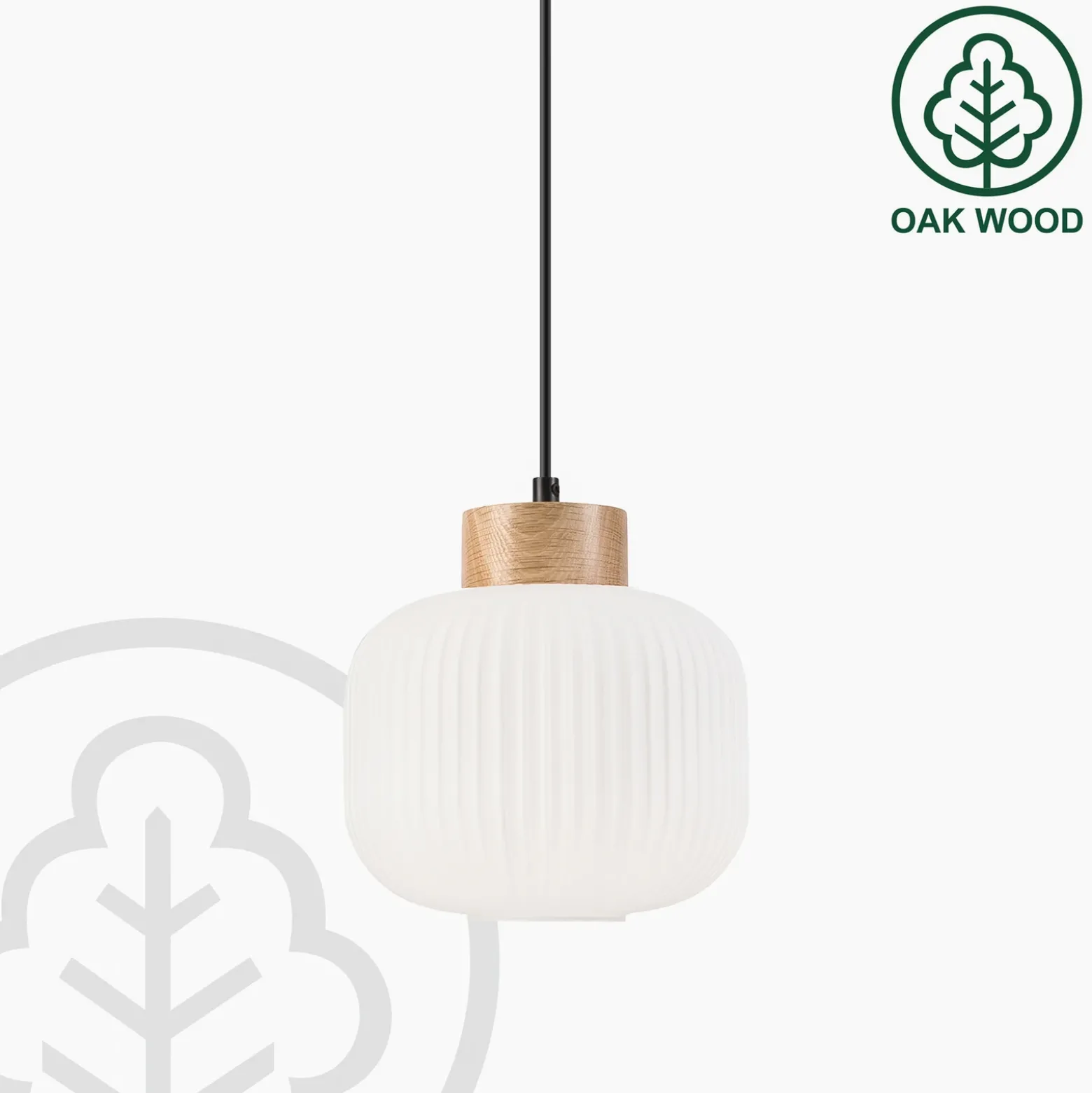 Lámpara colgante Harmony, Ø 20 cm, vidrio opalino, madera de roble, E27