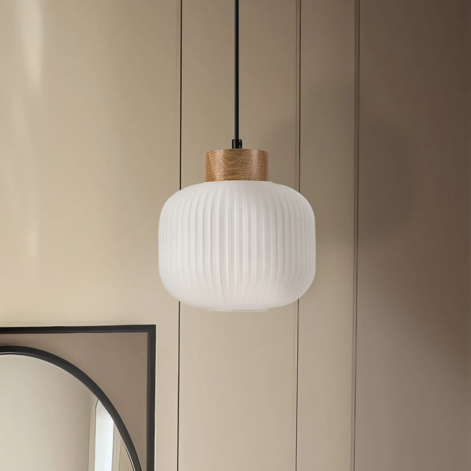 Lámpara colgante Harmony, Ø 20 cm, vidrio opalino, madera de roble, E27