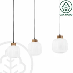 Lámpara colgante Harmony, longitud 110 cm, cristal opal, madera de roble, 3