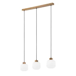 Lámpara colgante Harmony, longitud 110 cm, cristal opal, madera de roble, 3