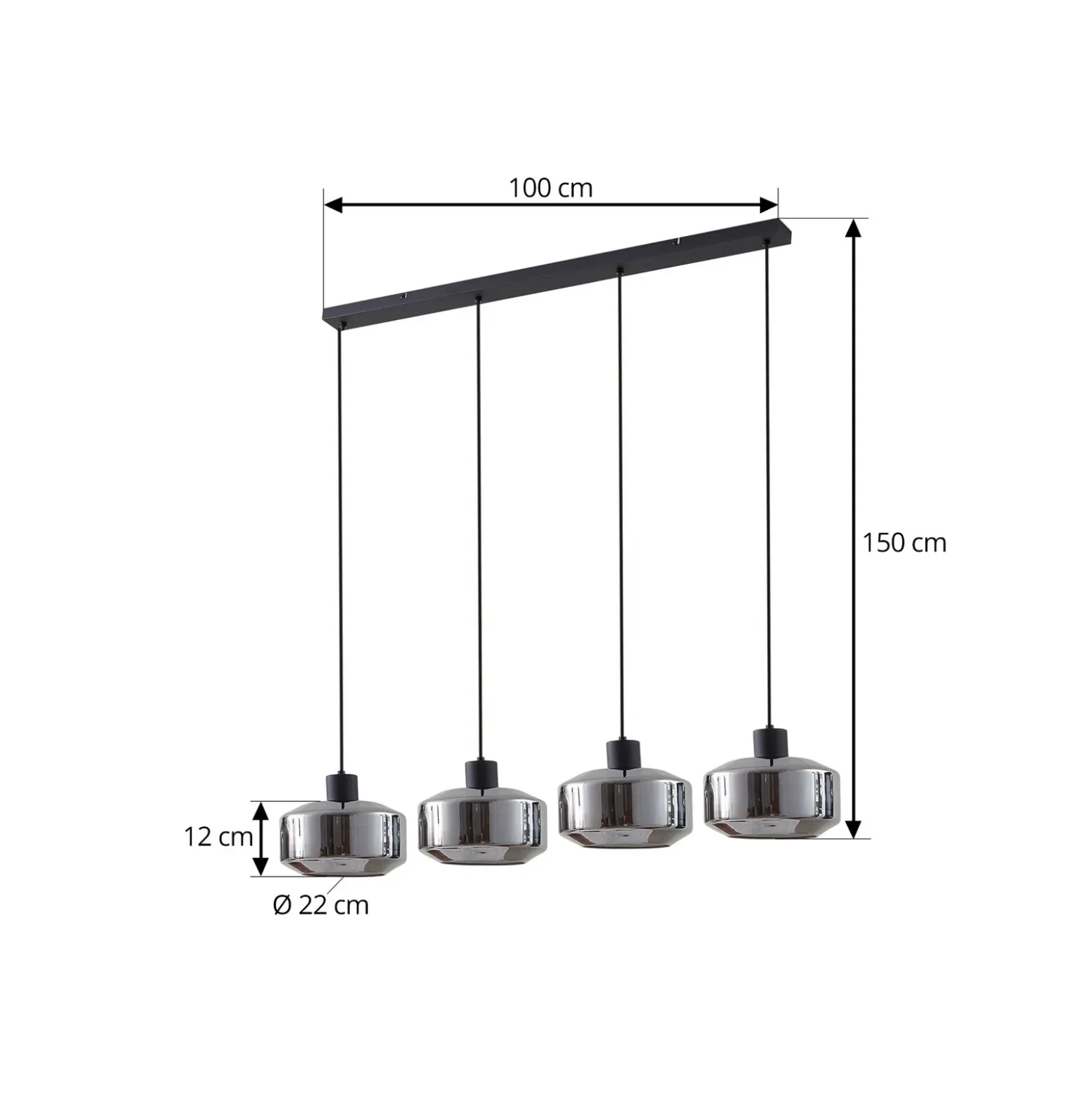 Lámpara colgante Hildur de Lindby, 4 luces, 115 cm, gris humo, cristal