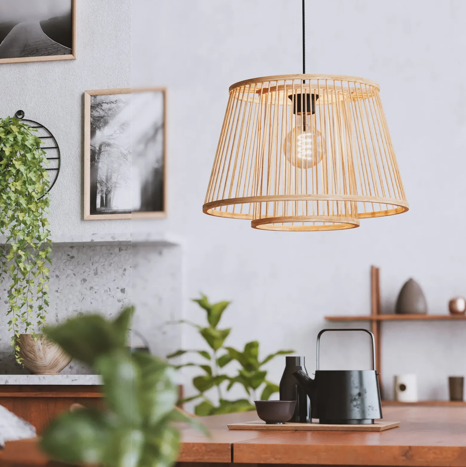 Lámpara colgante Hykeham, Ø 38 cm, natural, bambú