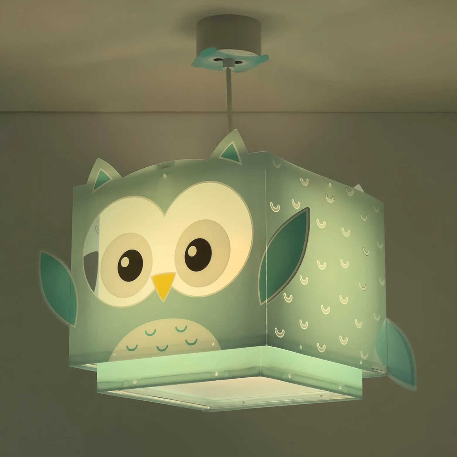 Lámpara colgante infantil Dalber LITTLE OWL, azul, con motivo de búho
