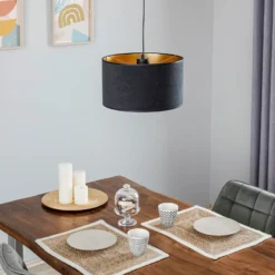 Lámpara colgante Jari con pantalla de tela, 1 luz, negro y dorado