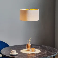 Lámpara colgante Jari con pantalla de tela, 1 luz, blanco-dorado