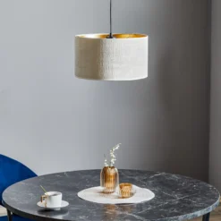 Lámpara colgante Jari con pantalla de tela, 1 luz, blanco-dorado