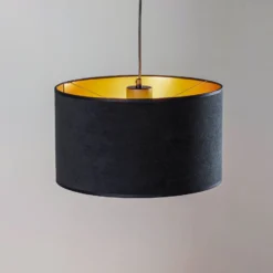 Lámpara colgante Jari con pantalla de tela, 1 luz, negro y dorado