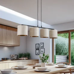 Lámpara colgante Jari pantalla de tela 4 luces larga, blanco-dorado