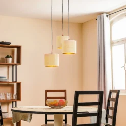 Lámpara colgante Jari pantalla de tela 3 luces redonda blanco-dorado