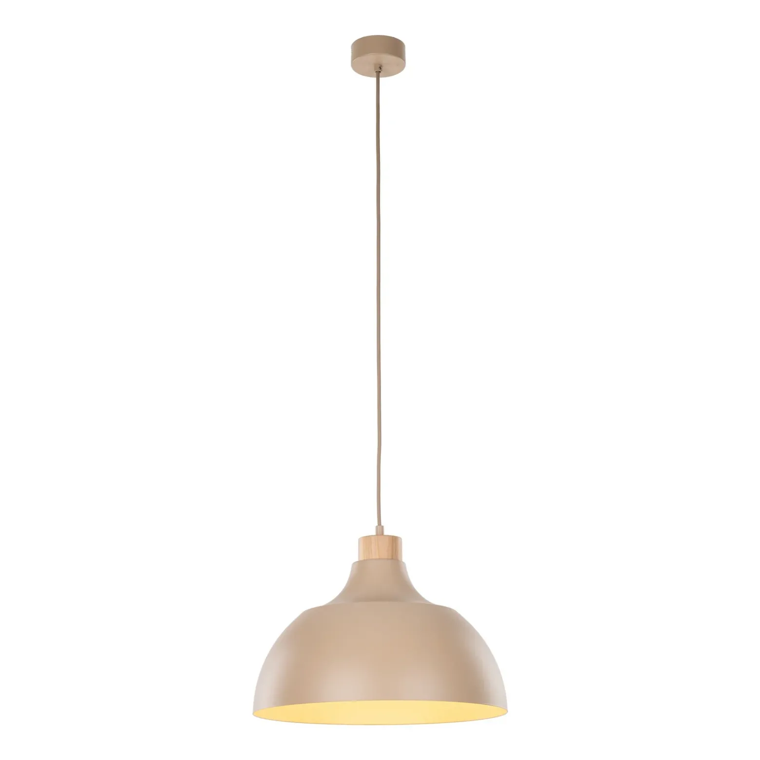 Lámpara colgante Kaitt de Envostar, color arena, Ø 34 cm, detalle de madera