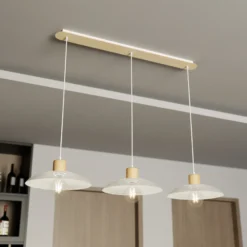 Lámpara colgante Kobe, 3 luces, acero, madera, blanco