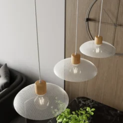 Lámpara colgante Kobe, 3 luces, acero, madera, blanco