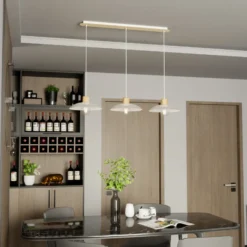 Lámpara colgante Kobe, 3 luces, acero, madera, blanco