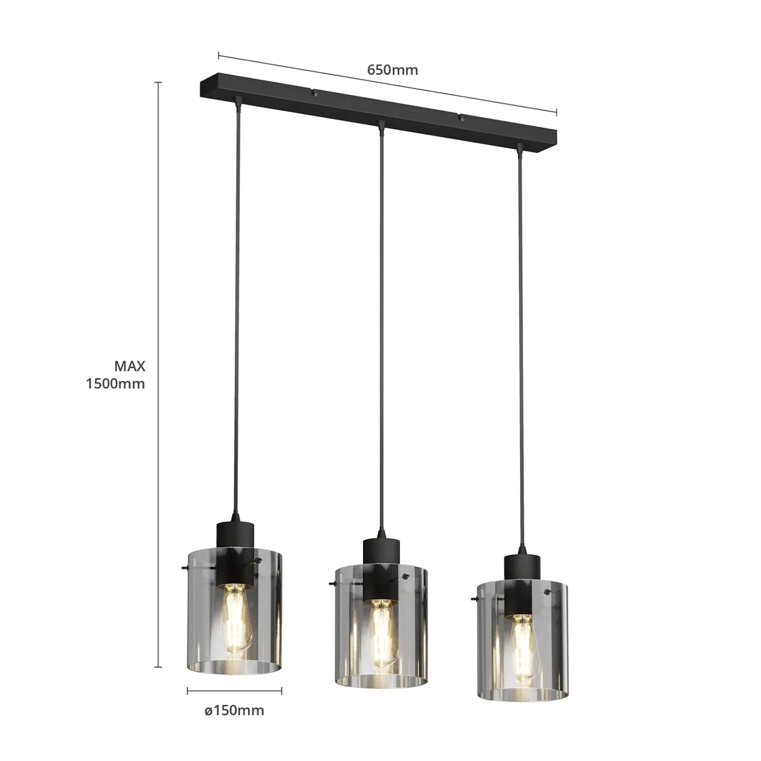 Lámpara colgante Kourtney de Lindby, 3 luces, negro/gris, cristal, E27